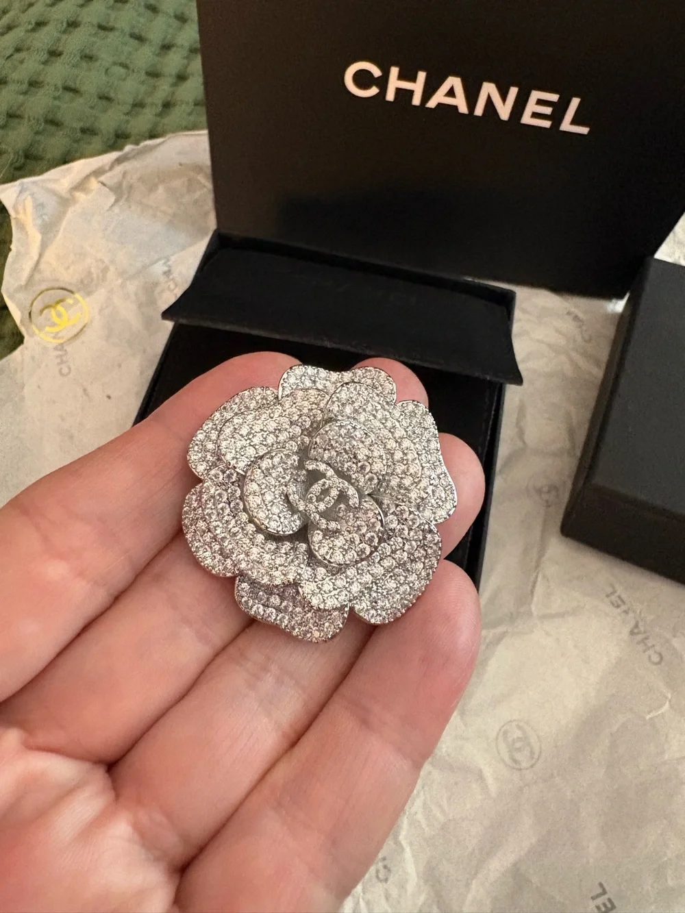 CHANEL Silver Crystal Camellia Brooch - Sparkling Silver